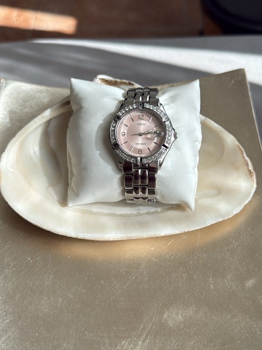 Guess Stainless Steel Watch with Pink Dial and Crystal Bezel